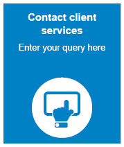 Blue box with "contact client services enter your query here" text displayed.