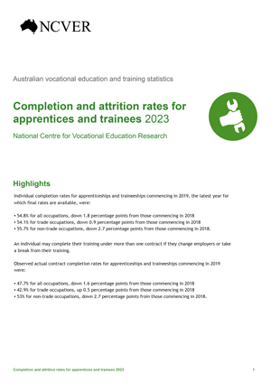 Completion and attritions for apprentices and trainees 2023 coverpage